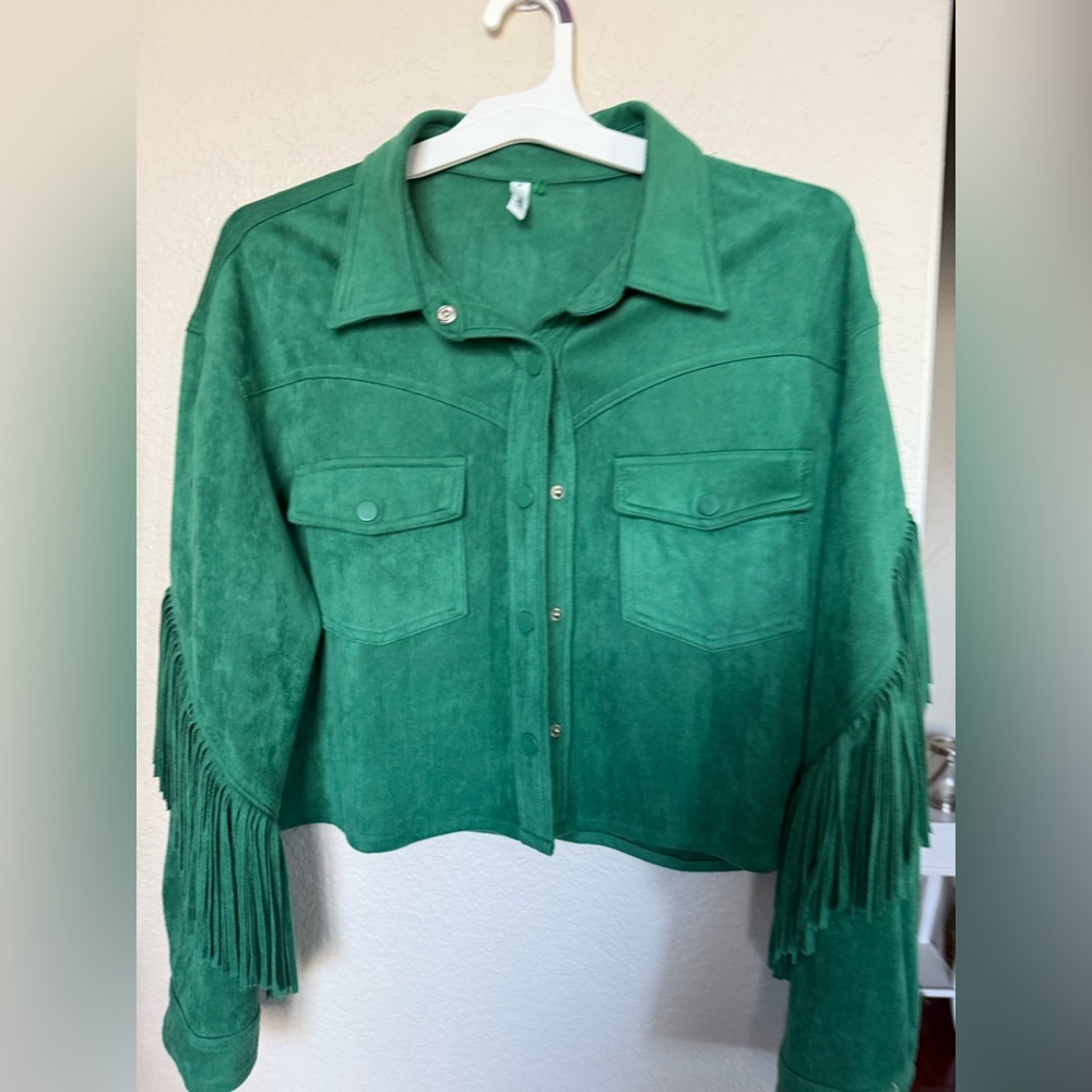 Green Suede Fringe Jacket medium Glam - Picture 3 of 13